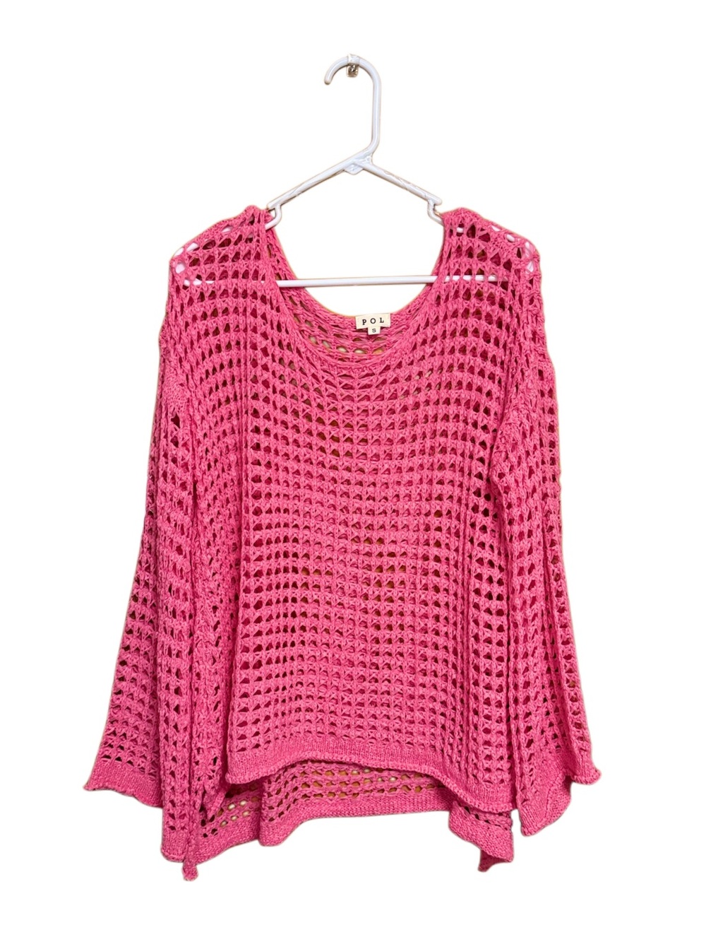 🌸 POL Boutique Hot Pink Open Knit Sweater | Boho Beachy Layering Top PTP 22” - Picture 3 of 7